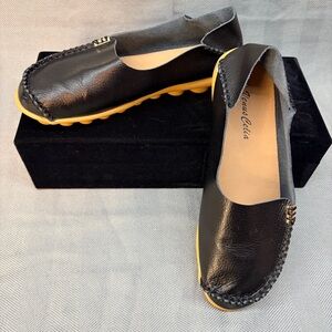 Venus Celia leather black slip on moccasin padded insole flat walking loafer